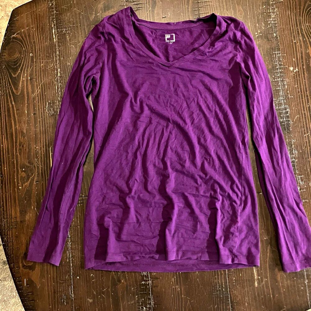 Women's JCP Purple Solid V-Neck Long Sleeve Knit Stretch T-Shirt Size S